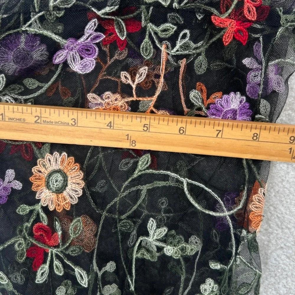 Whimsical Romantic Floral Embroidered Mesh Infinity Scarf‎ Black Sheer Chic Boho